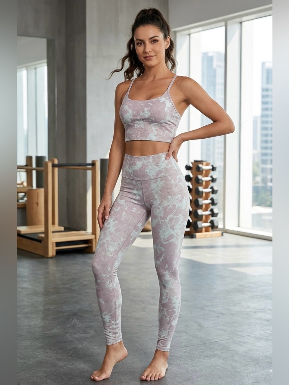 Vuori Pink Camo High-Rise Leggings and Sports Bra Set